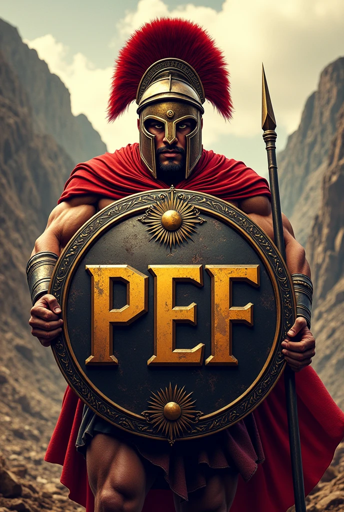 Generate a shield for a Physical Education team with a Spartan warrior and that says PEF
