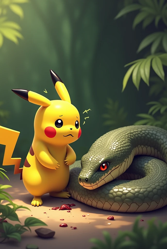 Pikachu feels sorry for the boa constrictor because it hurts its head and bleeds and it starts crying too