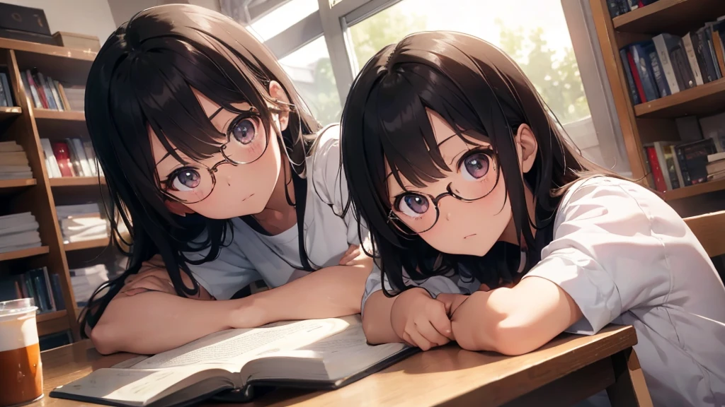 masterpiece, top-quality, High-quality images, high resolution, 8K, 1lady, detailed, Detailed eye depiction, skin gloss, Lustrous hair, Black short-haired, disheveled hair, Round glasses, Narrow old room, many bookshelves, Books piled on the floor, studying, shy expression, blushing, sitting down at table, looking at viewer