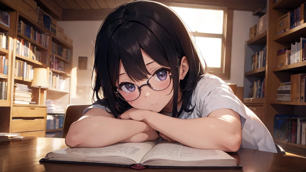 ​masterpiece, top-quality, High-quality images, high resolution, 8K, 1lady, detailed, Detailed eye depiction, skin gloss, Lustrous hair, Black short-haired, disheveled hair, Round glasses, Narrow old room, many bookshelves, Books piled on the floor, studying, shy expression, blushing, sitting down at table, looking at viewer