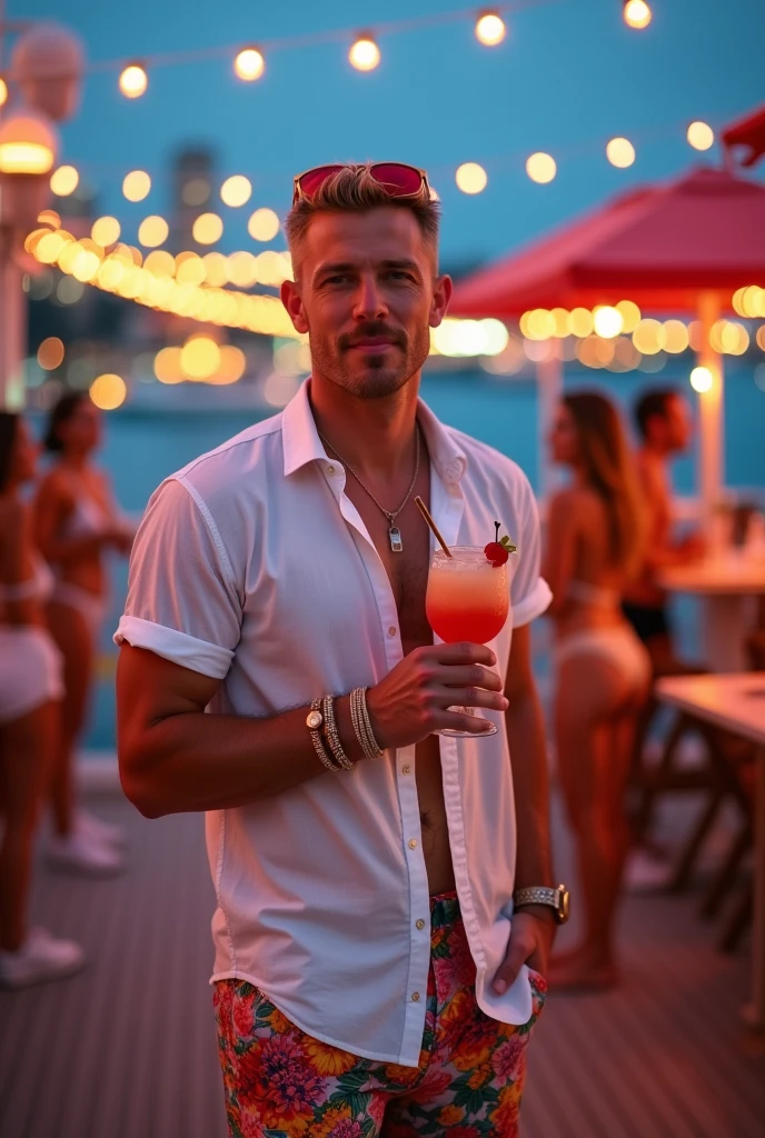 "The blonde man with an all-American look stands confidently at the center of the deck of a luxurious yacht, holding a tropical drink in his hand. He has short, sleek blonde hair and an unmistakable American facial appearance, embodying the charisma of a Hollywood star. He is dressed in vividly colored, floral-patterned shorts, a crisp white shirt, a stylish bracelet on his wrist, and pristine white sneakers. Red sunglasses are casually perched on his head. His well-defined face is prominently displayed, illuminated by the soft glow of evening lights. In the background, women in bikinis are having a great time, socializing and enjoying tropical drinks. They add a lively, festive atmosphere around the yacht. The yacht is docked in a vibrant, paradise-like city, with neon lights and the city skyline reflecting off the water. The scene is captured with a high-resolution DSLR and a 50mm f/1.2 lens, highlighting the man's striking presence at the center of the image and the colorful, energetic environment around him.",