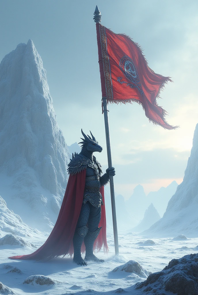 a standard bearer of an elite platoon of dragon race that lives in the frozen desert. just the flag stuck in the ground