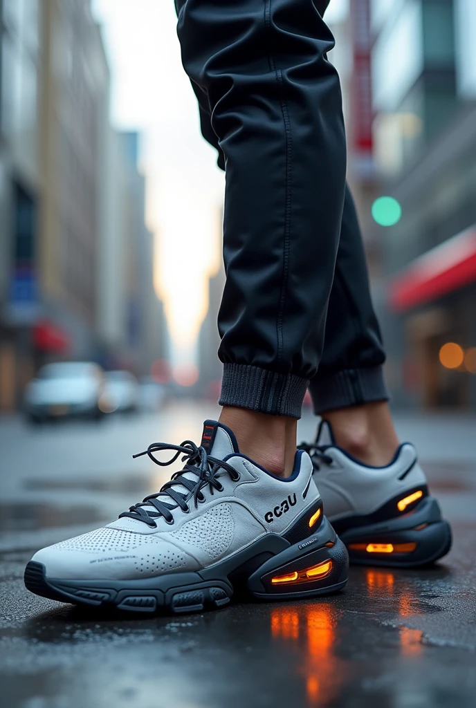 Créez  une chaussure de sport moderne, tennis  dont le design est inspiré par une voitures.  Les éléments comme des vitres et des lumières intégrées,les pneus d'une voiture, dans les pieds d un adolescent.
