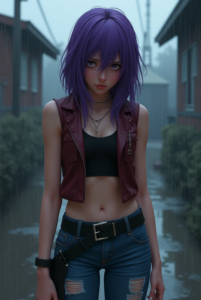 Female character who has purple hair and purple eyes has a black crop top and a wine red vest and blue ripped jeans with a black belt and is crying in the rain