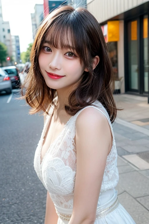 Tabletop, Highest quality, figure, Very detailed, In detail, High resolution, 8k wallpaper, Perfect dynamic composition, Beautiful attention to detail, dress,Medium Hair, Natural color lip, Random sexy poses,smile,Aoyama Street Walk、20-year-old girl