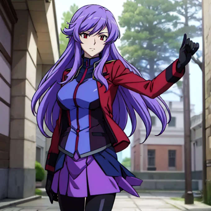 masterpiece,top-quality,anew returner,heroine of gundam 00,1girl,solo,light purple hair,outside splash hair,semi-long hair,red eyes,beauty,very huge breasts,narrow waist,bust size is 100cm,Beautiful Finger,Beautiful long legs,Beautiful body,Beautiful nose,Beautiful character design,Perfect eyes, Perfect face,black inner,red jacket,black knee socks,sky bule skirt,black gloves,black boots,Standing on a sky bule magic circle