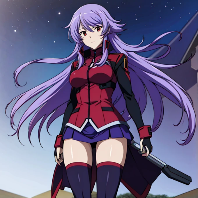 masterpiece,top-quality,anew returner,heroine of gundam 00,1girl,solo,light purple hair,outside splash hair,semi-long hair,red eyes,beauty,very huge breasts,narrow waist,bust size is 100cm,Beautiful Finger,Beautiful long legs,Beautiful body,Beautiful nose,Beautiful character design,Perfect eyes, Perfect face,black inner,red jacket,black knee socks,sky bule skirt,black gloves,black boots,Standing on a sky bule magic circle