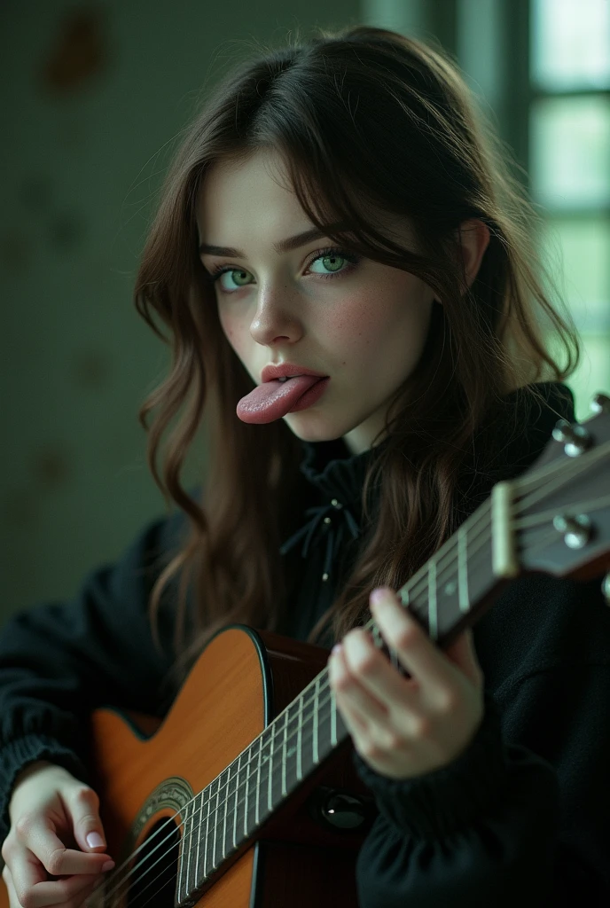 Generates a brown-haired gothic girl playing the guitar, sticking out her tongue, and green eyes