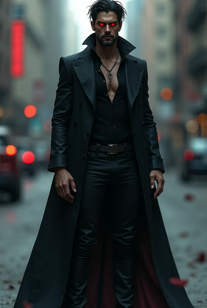 1male , trimmed hair , messy hair , goatee , black fur , Bright red eyes , Dark skin , adult male , serious expression , standing on the sidewalk , Black compression shirt , black trench coat
