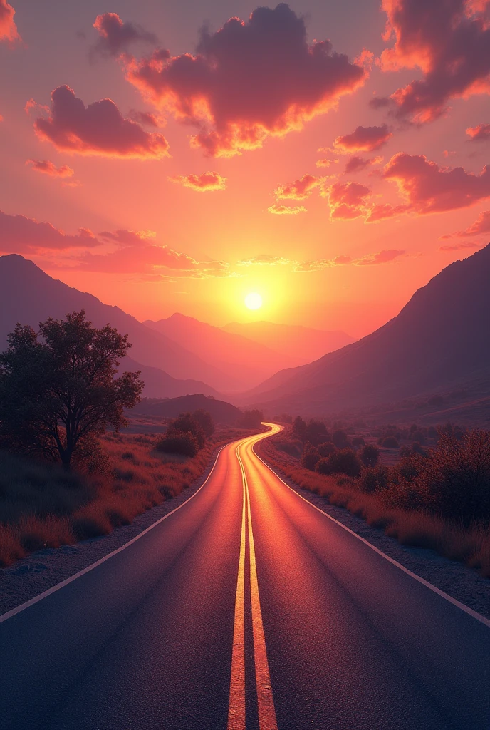 Image of an open road at sunset, with a bright sky and warm shades of orange and pink. The path must seem inviting and free, symbolizing new beginnings and opportunities. The image should convey a sense of tranquility and possibility., with a focus on the beauty of the landscape and the perspective of the road stretching towards the horizon