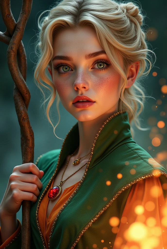 a close up of a woman , teenager,30 yo, elegant render, half body photo, photoshop render,  beautiful young woman, detailed face, extravagant dress, beauty girl, very femenine,  A 30-year-old English witch, Adventure, with sandy blonde hair curled in a bun, pale skin with freckles, mature gray-green eyes, wearing a green and orange tunic with a red diamond pendant, holding a magic staff with a dazzling aura of light, cel shading, large black outlines, and an atmosphere charged with energy and particles of light.
