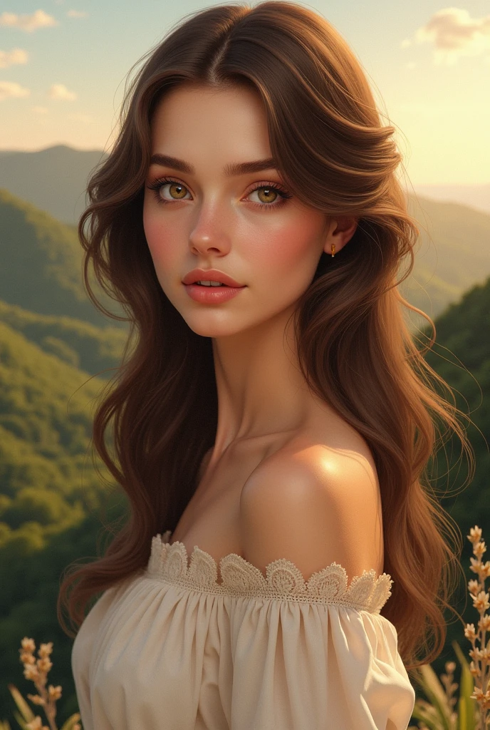 Generates brown-haired woman with light brown eyes with pink lips and cinnamon skin ,with a landscape in the background