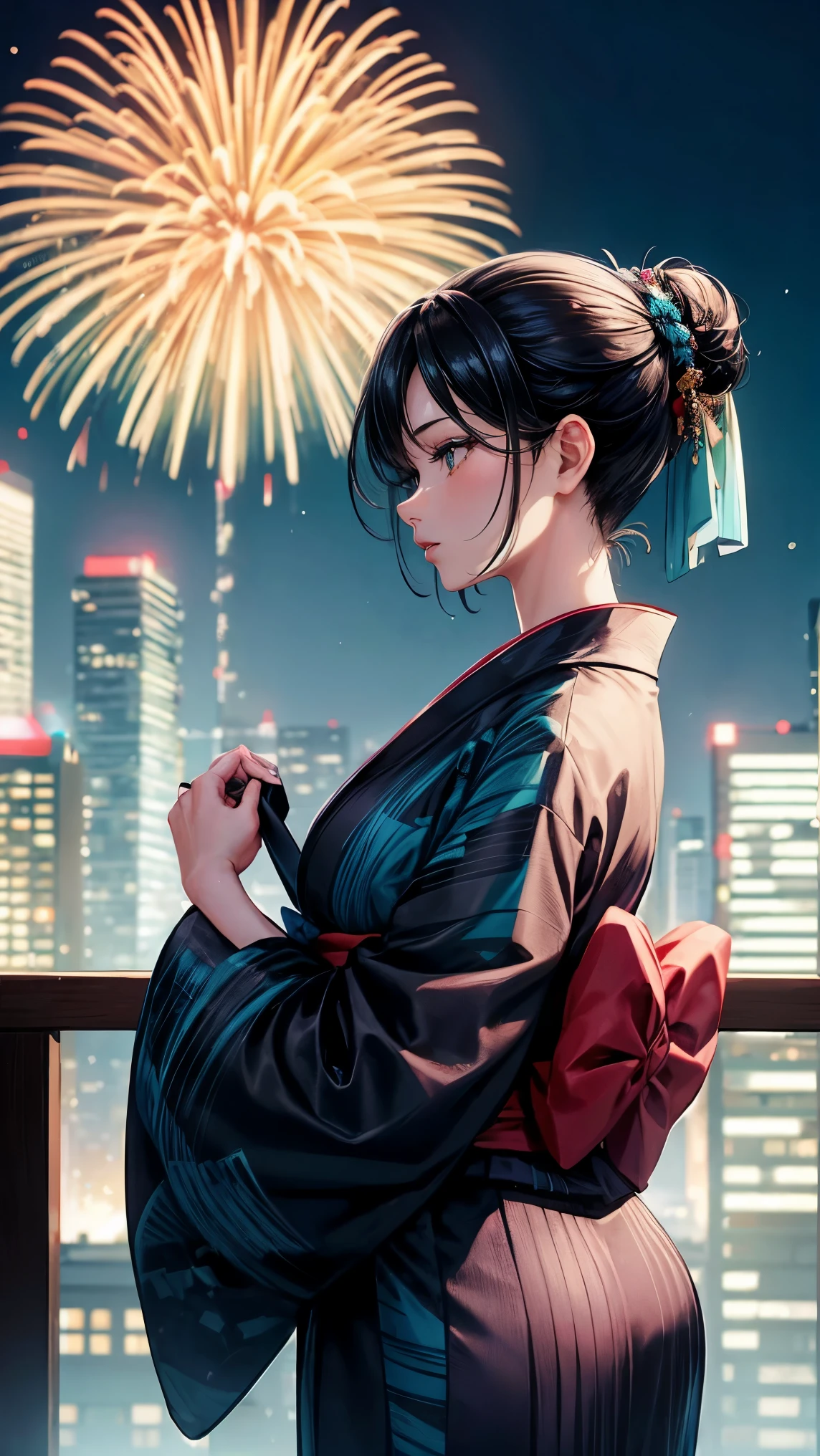 Skyscraper rooftop Fireworks set off in the background Mature Woman Black hair chignon A vibrant turquoise yukata