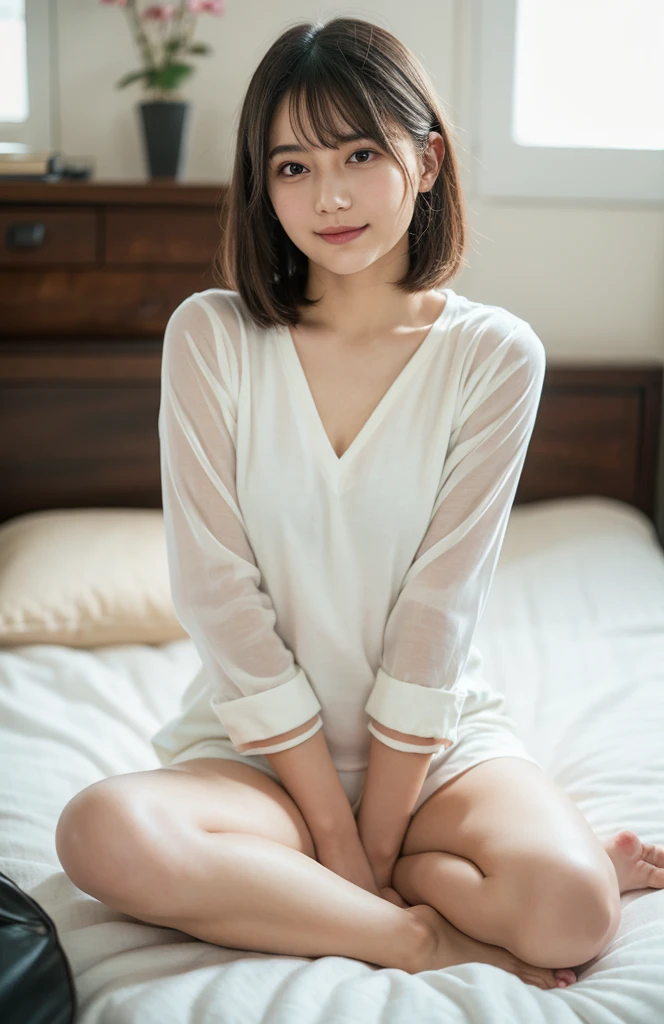 alone、Natural body shape、White skin、Natural Makeup、Black Hair、bangs、Medium Short Hair、、(expensive 、barefoot、White blouse、panties)、、((The upper body is wearing a uniform))、((Looking into the camera))、(((Full body photo)))、(((Exposing your thighs)))、Bedroom、On the bed、Are sleeping、((barefoot:1.2))、innocent、、A little smile、Face without makeup、Perfect Face、Beautiful thighs thighs、((Small head:1.1))、analog film、Official Art、relax、Photo taken by lover、Selfie、Thighs are shown、The sunlight is hitting my face and body,Old Polaroid Film,150mm lens、f/1.4、Interplay of light and shadow、Artwork、Old movies、I like to publish、I like to have people look at my inner thighs、