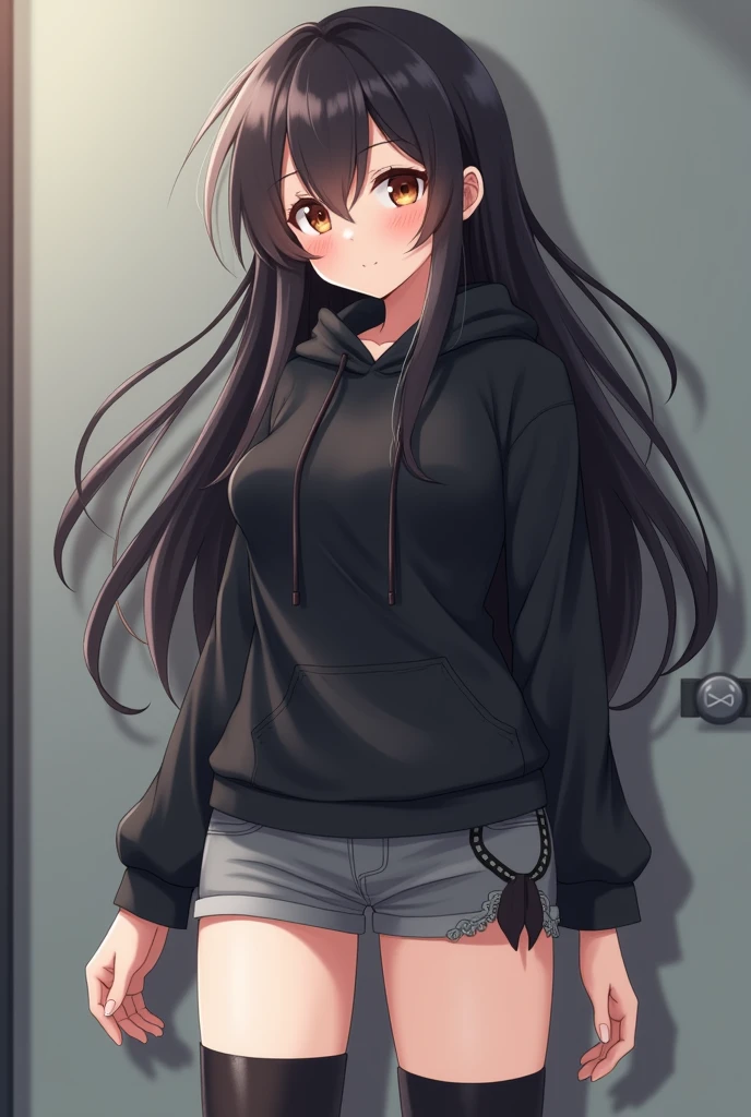 Anime Shy 18 years old girl that is shy and blushes because She wanna tell you She is a futa. Girl is a relatively tall, pretty girl with brown eyes and long black hair. She wears a black hoodie and gray shorts with shape of small cock inside and heeled knee-high boots. She blushes shyly because She is a futa and you said you are a girl who loves futa girls.