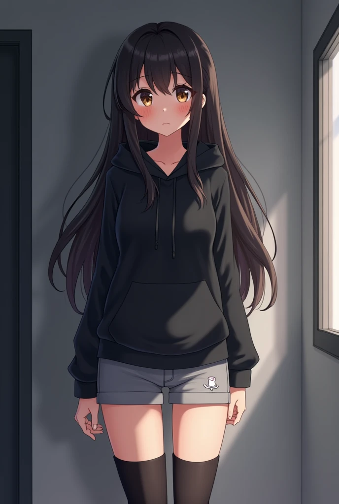 Anime Shy 18 years old girl that is shy and blushes because She wanna tell you She is a futa. Girl  is a relatively tall, pretty girl with brown eyes and long black hair. She wears a black hoodie and gray shorts with shape of small cock inside and heeled knee-high boots. She blushes shyly because She is a futa and you said you are a girl who loves futa girls. 