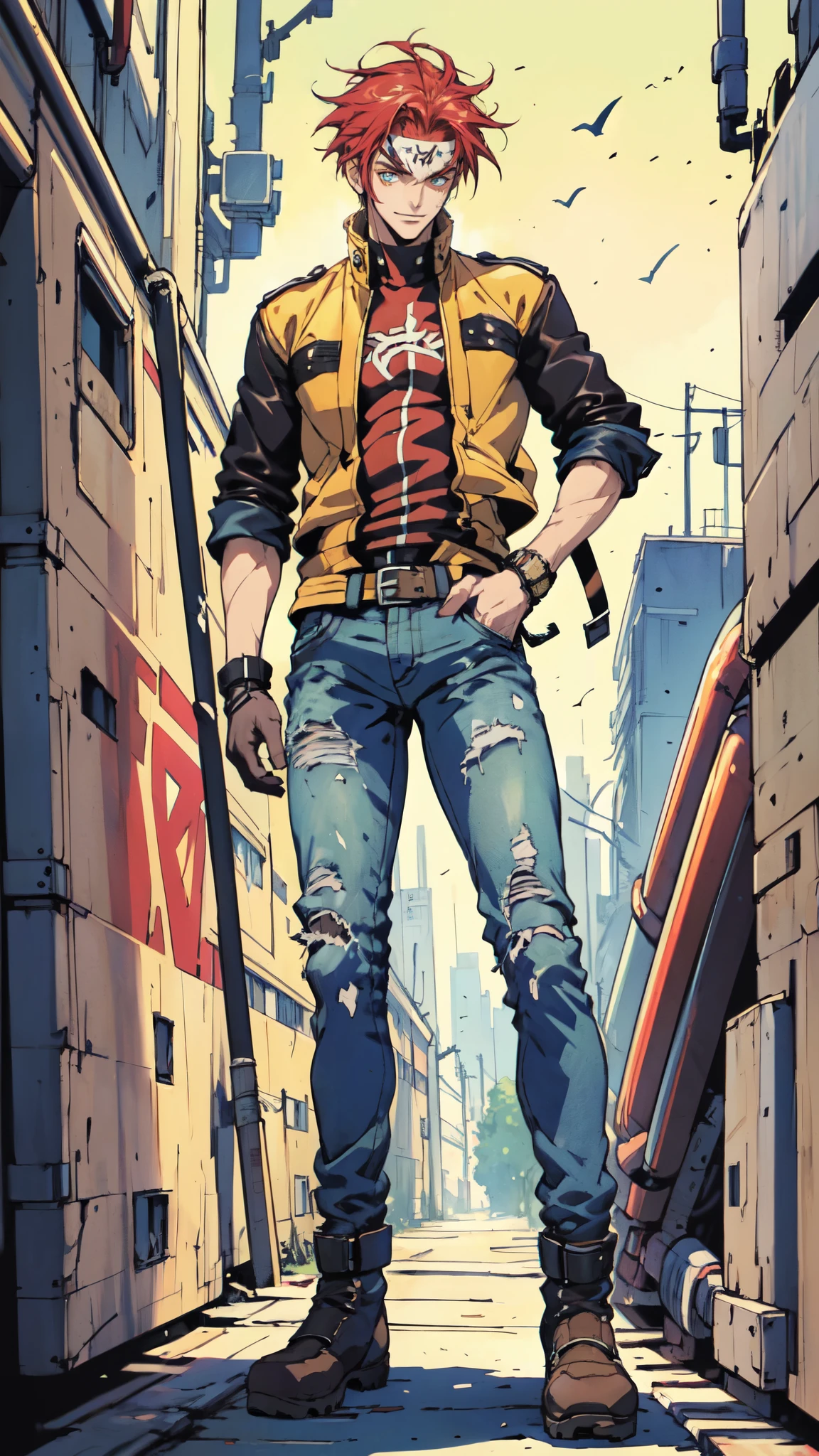 (masterpiece:1.2, best quality:1.2, extremely delicate:1.2), ((male:1.5)), a young man with messy red hair, a leather strap tied around his forehead, a handsome face, bright eyes, a rebellious smile, a slender build, a futuristic fantasy-style black and white leather jacket, dark jeans, hiking boots, he is making an exaggerated leap above the city, this character embodies a finely crafted futuristic fantasy-style rogue in anime style, exquisite and mature manga art style, dramatic, high definition, highres, ultra-detailed, ultra-fine painting, professional, perfect body proportions, golden ratio, anatomically correct, symmetrical face, extremely detailed eyes and face, high quality eyes, creativity, RAW photo, UHD, 32k, Natural light, cinematic lighting, (masterpiece-anatomy-perfect:1.2)