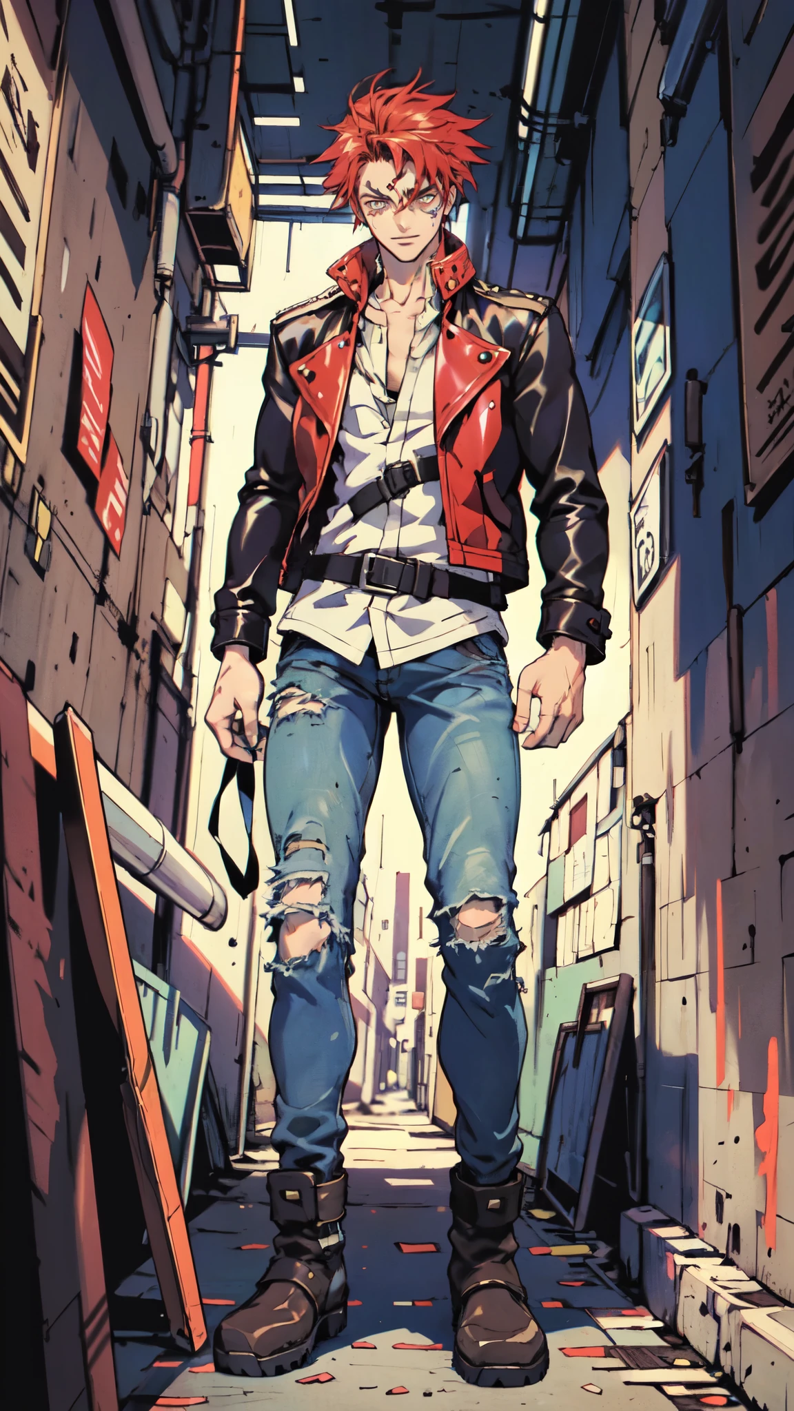 (masterpiece:1.2, best quality:1.2, extremely delicate:1.2), ((male:1.5)), a young man with messy red hair, a leather strap tied around his forehead, a handsome face, bright eyes, a rebellious smile, a slender build, a futuristic fantasy-style black and white leather jacket, dark jeans, hiking boots, he is making an exaggerated leap above the city, this character embodies a finely crafted futuristic fantasy-style rogue in anime style, exquisite and mature manga art style, dramatic, high definition, highres, ultra-detailed, ultra-fine painting, professional, perfect body proportions, golden ratio, anatomically correct, symmetrical face, extremely detailed eyes and face, high quality eyes, creativity, RAW photo, UHD, 32k, Natural light, cinematic lighting, (masterpiece-anatomy-perfect:1.2)