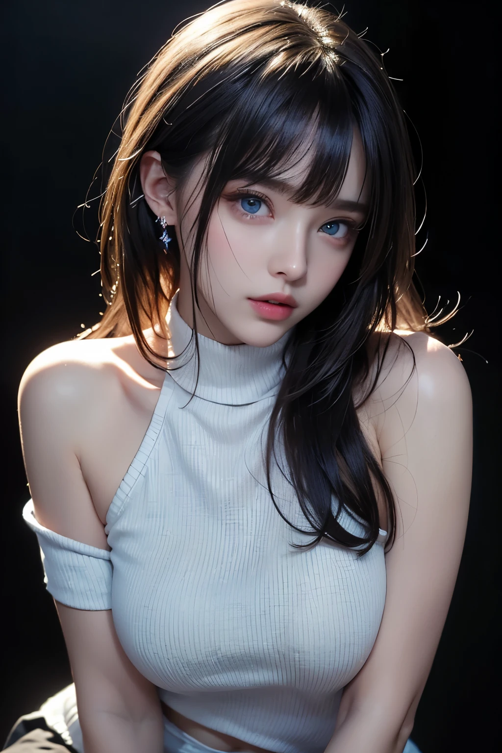 masterpiece, highest quality, Super detailed, Facing the camera, Super detailed, Realistic, Sharp features, Very detailed, Sharp focus, Perfect Face, Perfect Face, Perfect symmetrical perfect eyes, Perfect Plump Lips, Flexible female form, cinematic, Film Light, Super detailed, hyper Realistic, masterpiece, Atmospheric, High resolution, Vibrant, Dynamic Studio Lighting, ((Dark Background)), The expression when enduring pleasure, Straight bangs, Blue eyes, Sleeveless Sweater, Cowboy Shot,turtleneck、first round、Sexually aroused expression、Accessories on the chest、Clothes with cuts,Shoulders exposed skin,(Flat Chest),(Beautiful nipples),(A beautiful girl),