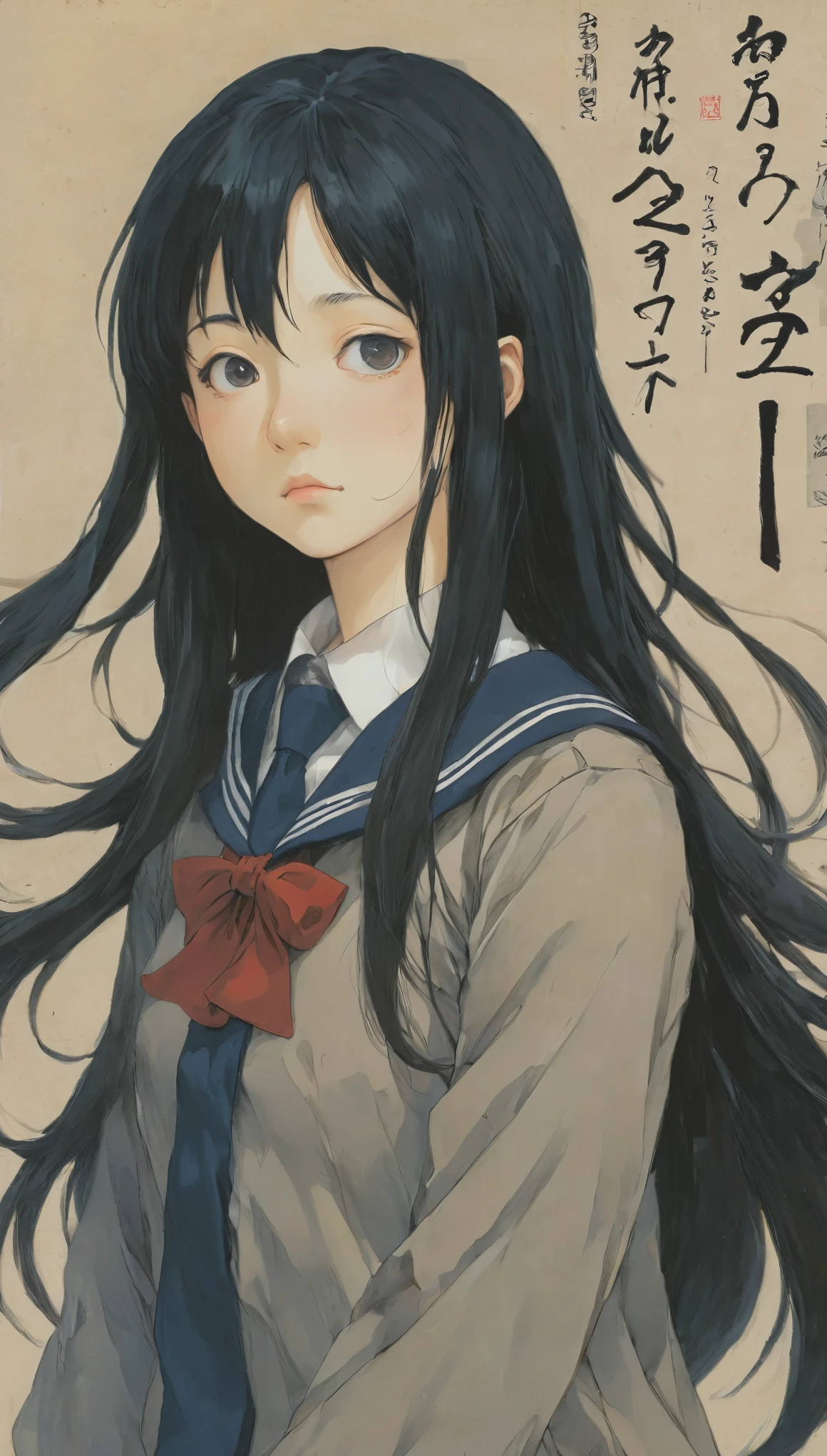 Naoki Urasawa、Beautiful girl、Highest quality、masterpiece、Ultra high definition、Japanese、uniform、high school girl、Long Hair、Black Hair、Texture reminiscent of Japanese paintings、8k