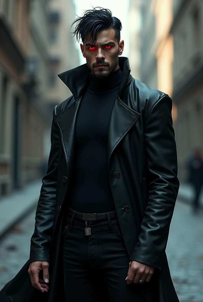 1male , trimmed hair , messy hair , goatee , black fur , Bright red eyes , Dark skin , adult male , serious expression , standing on the sidewalk , Black compression shirt , black trench coat