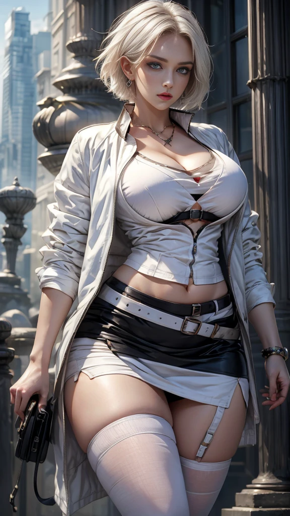 photorealistic, High resolution, 1 woman, hips up, pretty eyes, by the wide, ringed eyes, jewelry, lasts - Blaze, white bra, White jacket, black skirt, high thighs, blue eyes, back view, fantasy battlefield background, (((big tits))), (((short hair)))