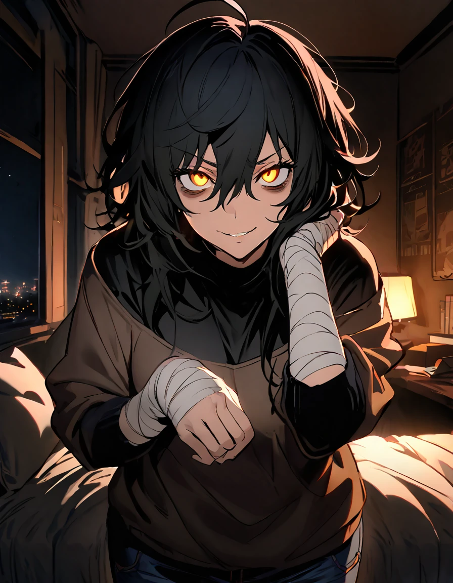 mature woman, golden eyes, Tomboy, jeans, looking at viewer, shoulder-length black hair, bedroom background, messy hair, standing, black turtleneck shirt, solo, hair between eyes, ahoge, background in low light, bandages around her hands, desk, books, comfy clothes, parted lips, night, glowing eyes, bags under eyes, smirk