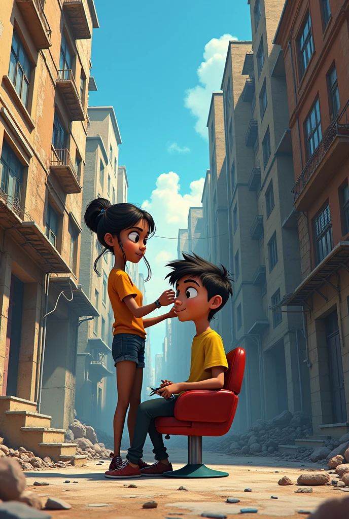 An animated picture where a person outside in a ghetto in a high-rise housing estate cuts the hair of another person and on the picture is written Sifir cutz by kabula