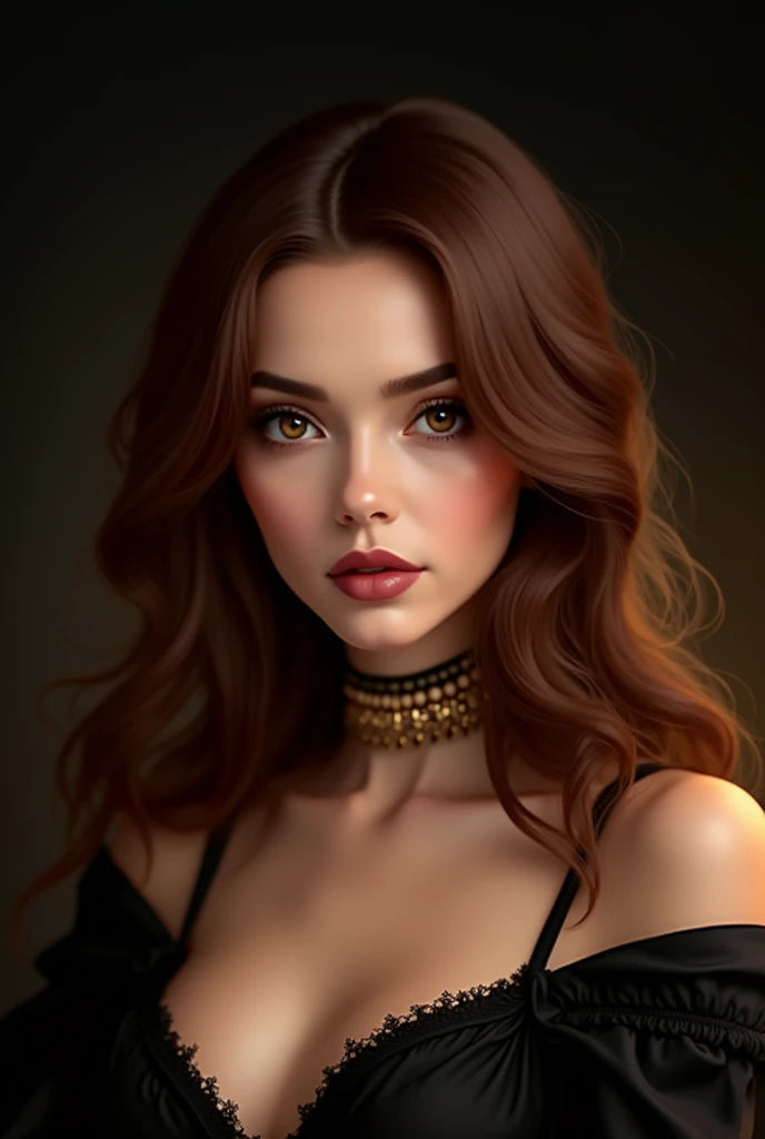 Generates brown-haired woman with brown eyes and medium brown cilor ,dark pink lips cinnamon brown skin ,with black and gold background on the back