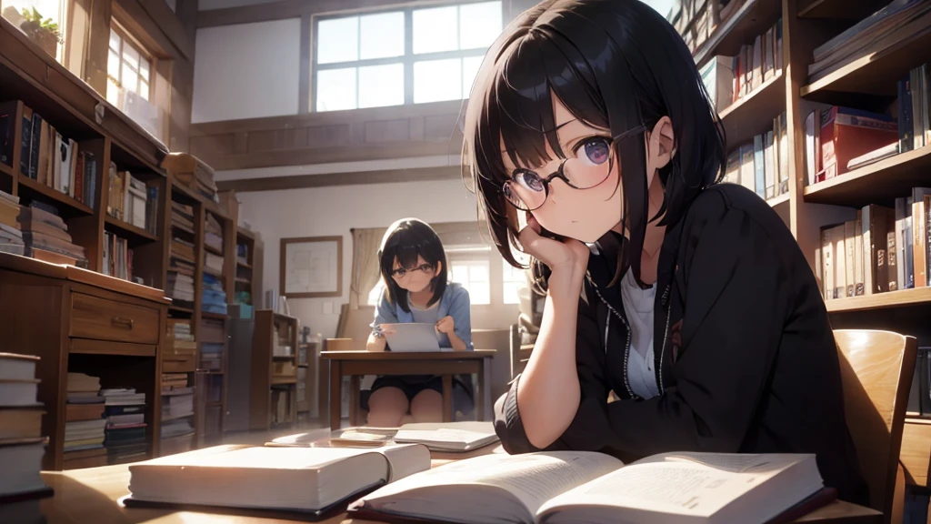 masterpiece, top-quality, High-quality images, high resolution, 8K, 1lady, detailed, Detailed eye depiction, skin gloss, Lustrous hair, Black short-haired, disheveled hair, Round glasses, Narrow old room, many bookshelves, Books piled on the floor, studying, shy expression, blushing, sitting down at table, looking at viewer