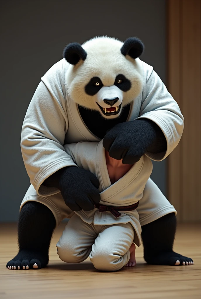 Angry Panda Bear, fighting jiu-jitsu, white kimono