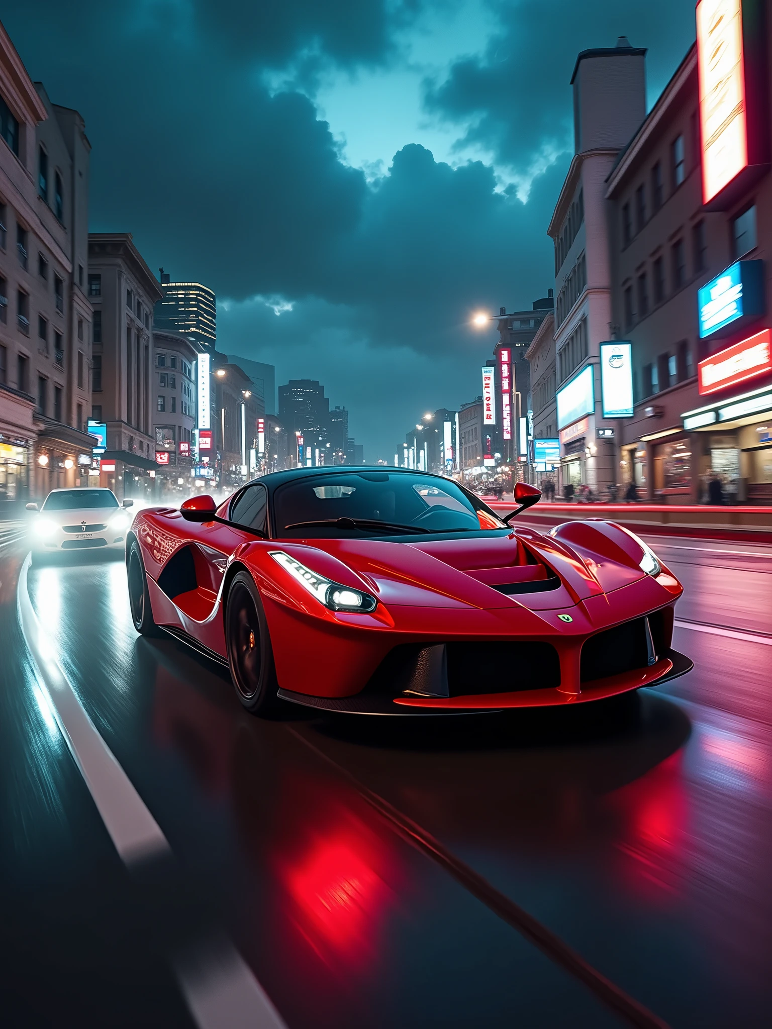 A thrilling cinematic photo capturing the high-speed chase of a Lamborghini aventador svj racing alongside a ferrari laferrari vibrant red.  The overall atmosphere is dynamic and exhilarating, with a sense of danger and excitement hanging in the air., cinematic, photo, dark fantasy, poster, vibrant