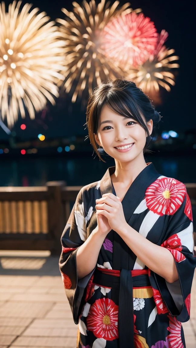 yukata　Fireworks　Smiling Mature Woman　Black hair chignon