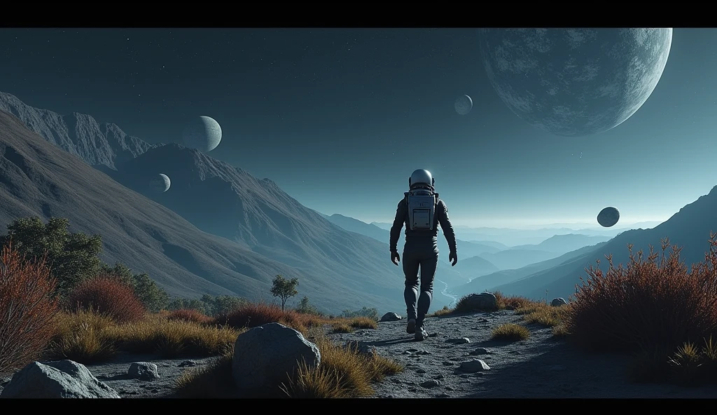 A sideways handheld shot from the left side of a man wearing a futuristic spacesuit walking on a valley on a distant planet filled with alien plants with hills on left and right side of the scene. Floating rocks scattered around levitating above ground. It's night time and the sky is pitch black full of stars and planets. Inspired from IMAX FILMS. Realistic, hyperrealism, high resolution, extreme quality, volumetric lighting, high resolution, 4k hdr