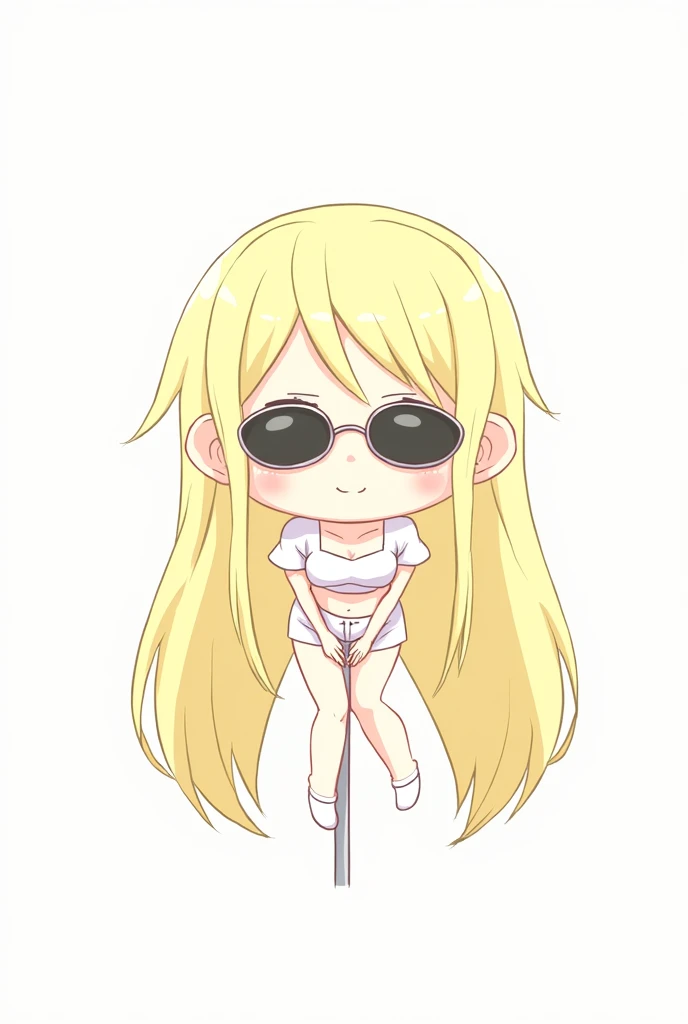1,52 tall, white, blonde, with oval glasses. Wide hips, thick thighs, medium breasts, blanco crop top, short shorts and short socks. On a pole dance pole with an elegant and dark background. anime drawing (Type of Jujutsu Kaisen)