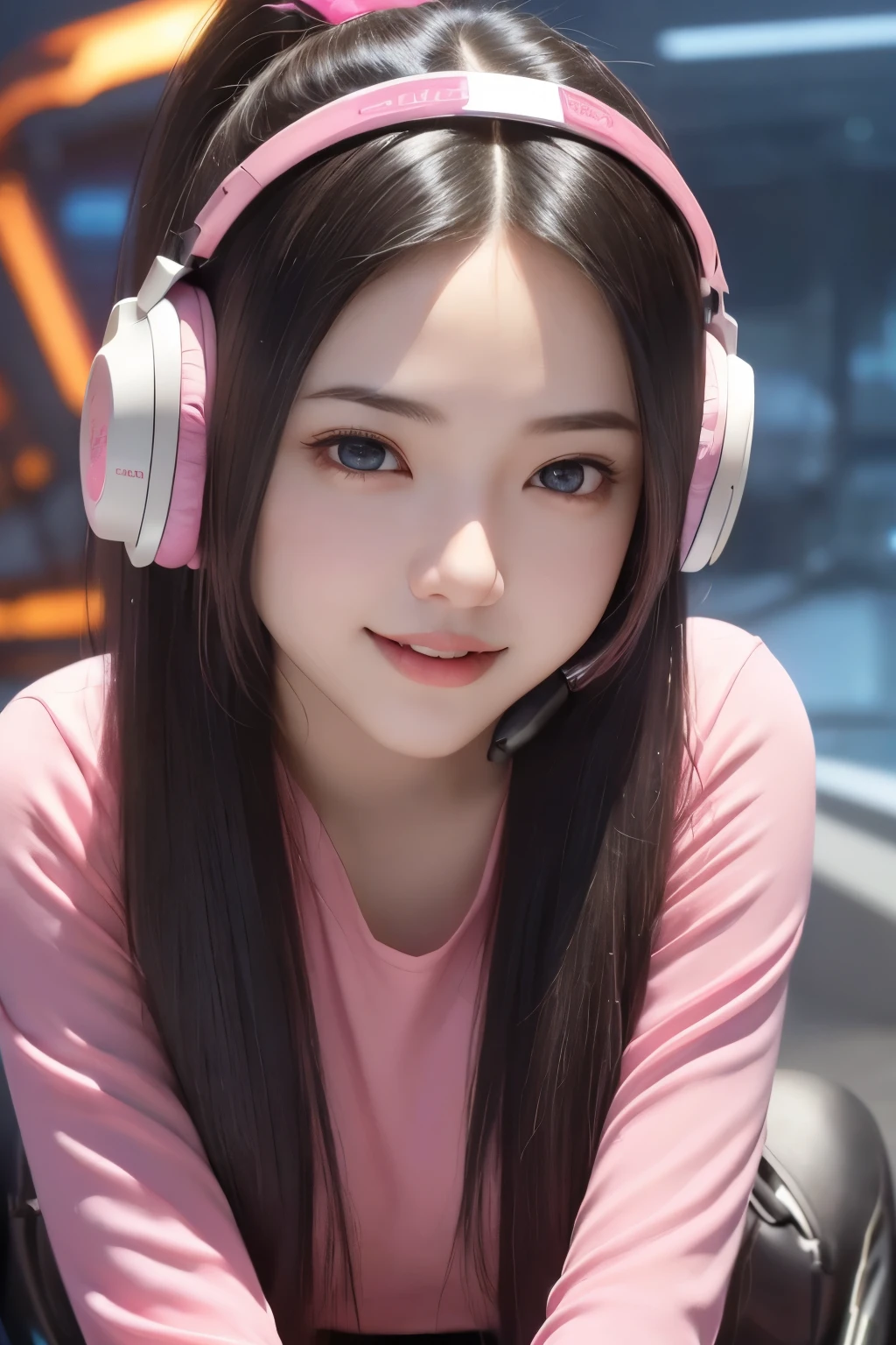 Top Quality, Masterpiece, Ultra High Resolution, (Photorealistic: 1.4), Raw Photo, 1 Girl, Black Hair, Glossy Skin, 1 Mechanical Girl, (((Ultra Realistic Details)), Portrait, Global Illumination, Shadows, Octane Rendering, 8K, Ultra Sharp, Intricate Ornaments Details, realistic skin, sweat effect, ((wearing Headphone)), very intricate detail, realistic light, CGSoation trend, brown eyes, glowing eyes, pink mechanical bodysuit, Long hair, black hair, Ponytail hair, full body shot, spaceship bridge background, dynamic pose, cute smile, close up,