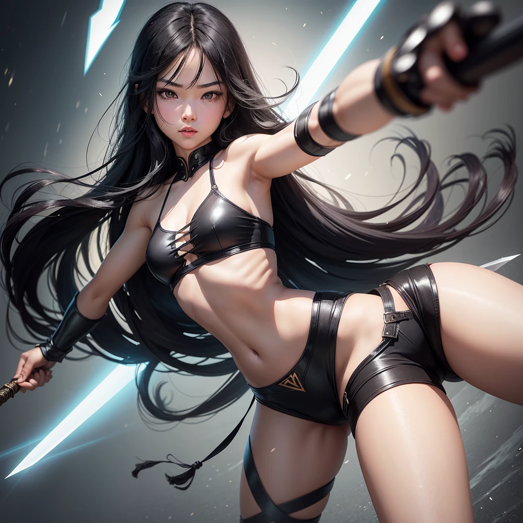 Generate a collage of a girl who has superpowers and they are written on each image, that has the following characteristics: that she is Asian, have long black hair, that she is white, that she practices swordplay and that she has appropriate clothing