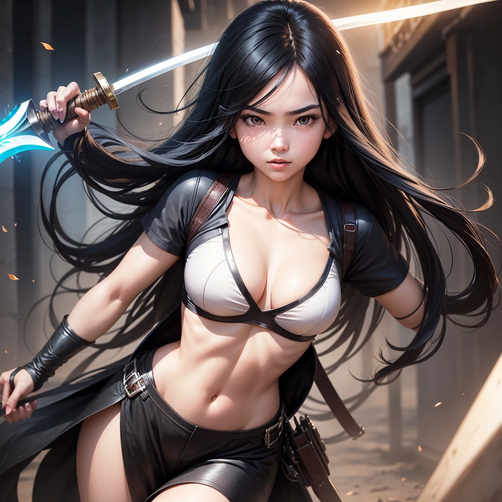 Generate a collage of a girl who has superpowers and they are written on each image, that has the following characteristics: that she is Asian, have long black hair, that she is white, that she practices swordplay and that she has appropriate clothing