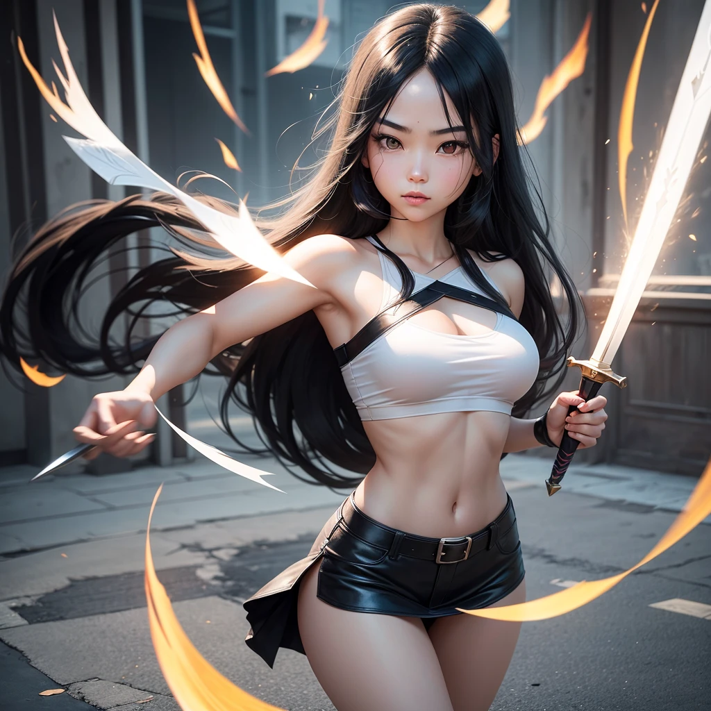 Generate a collage of a girl who has superpowers and they are written on each image, that has the following characteristics: that she is Asian, have long black hair, that she is white, that she practices swordplay and that she has appropriate clothing