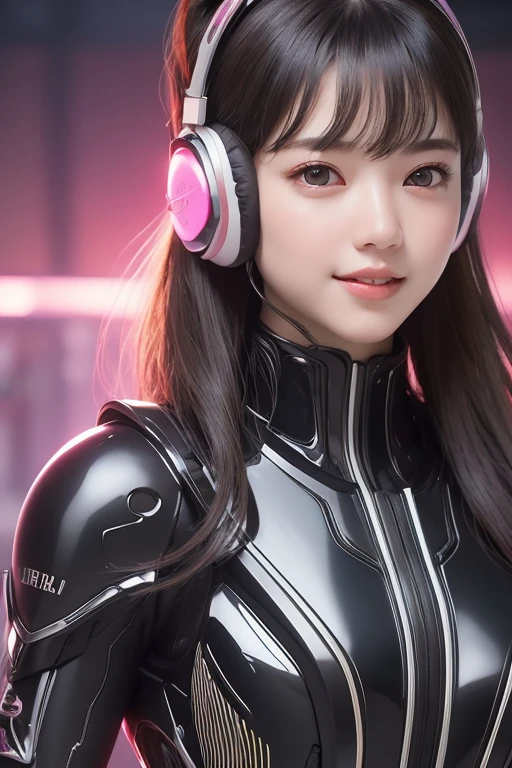 Top Quality, Masterpiece, Ultra High Resolution, (Photorealistic: 1.4), Raw Photo, 1 Girl, Black Hair, Glossy Skin, 1 Mechanical Girl, (((Ultra Realistic Details)), Portrait, Global Illumination, Shadows, Octane Rendering, 8K, Ultra Sharp, Intricate Ornaments Details, realistic skin, sweat effect, ((wearing Headphone)), very intricate detail, realistic light, CGSoation trend, brown eyes, glowing eyes, pink mechanical bodysuit, Long hair, black hair, Ponytail hair, full body shot, spaceship bridge background, dynamic pose, cute smile, close up,