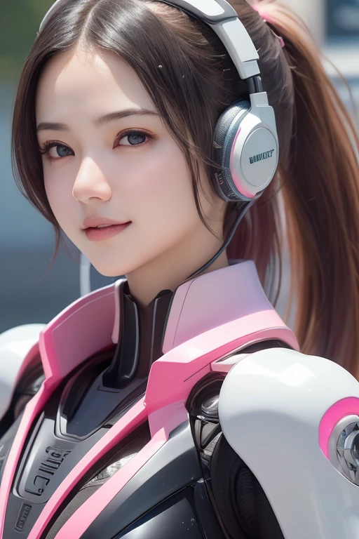 Top Quality, Masterpiece, Ultra High Resolution, (Photorealistic: 1.4), Raw Photo, 1 Girl, Black Hair, Glossy Skin, 1 Mechanical Girl, (((Ultra Realistic Details)), Portrait, Global Illumination, Shadows, Octane Rendering, 8K, Ultra Sharp, Intricate Ornaments Details, realistic skin, sweat effect, ((wearing Headphone)), very intricate detail, realistic light, CGSoation trend, brown eyes, glowing eyes, pink mechanical bodysuit, Long hair, black hair, Ponytail hair, full body shot, spaceship bridge background, dynamic pose, cute smile, close up,