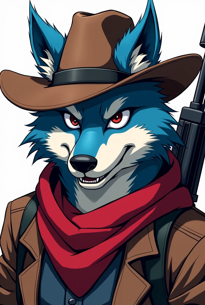 Animé, Loup Cowboy, pupil noir, yeux blanc, poil bleu, nez noir, foulard rouge, avec M24 sniper dans le dos, chapeau marron, sourire stylé