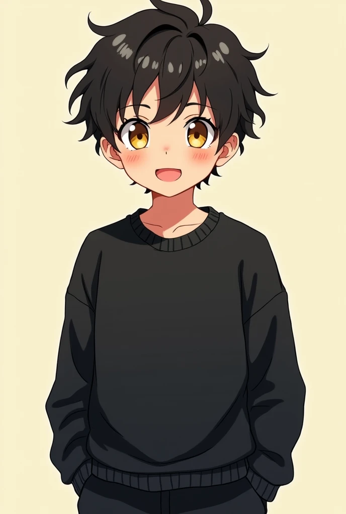 Anime boy with slightly curly black hair, eyes the color of honey, black sweatshirt and pants smiling