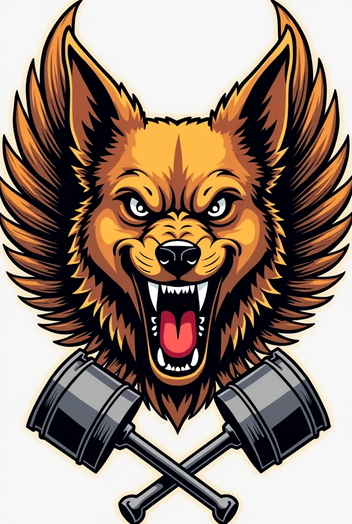 coat of arms for a motorcycle club whose mascot is a caramel-colored mongrel dog with its ears pricked up and wide open, with a very angry face, In the coat of arms, the dog only has his face right in the middle, with wings that go up to half the height of his ears and that come out behind him at the line of his eyes and two crossed pistons at the bottom of the coat of arms.