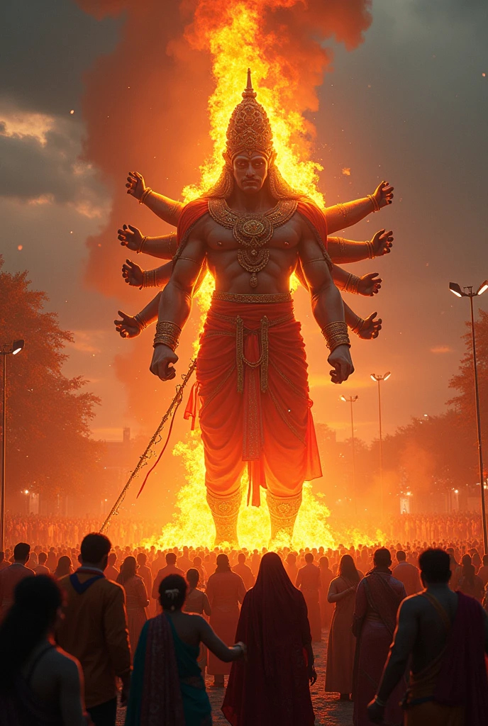 A picture of Dussehra in which Ravana is being burnt and many people are standing in front of him