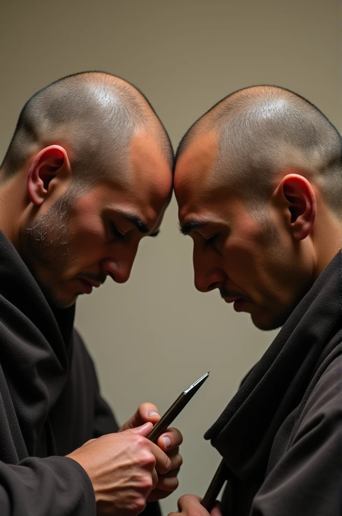 outline picture close up of two pilgrims performing the ritual of shaving their heads