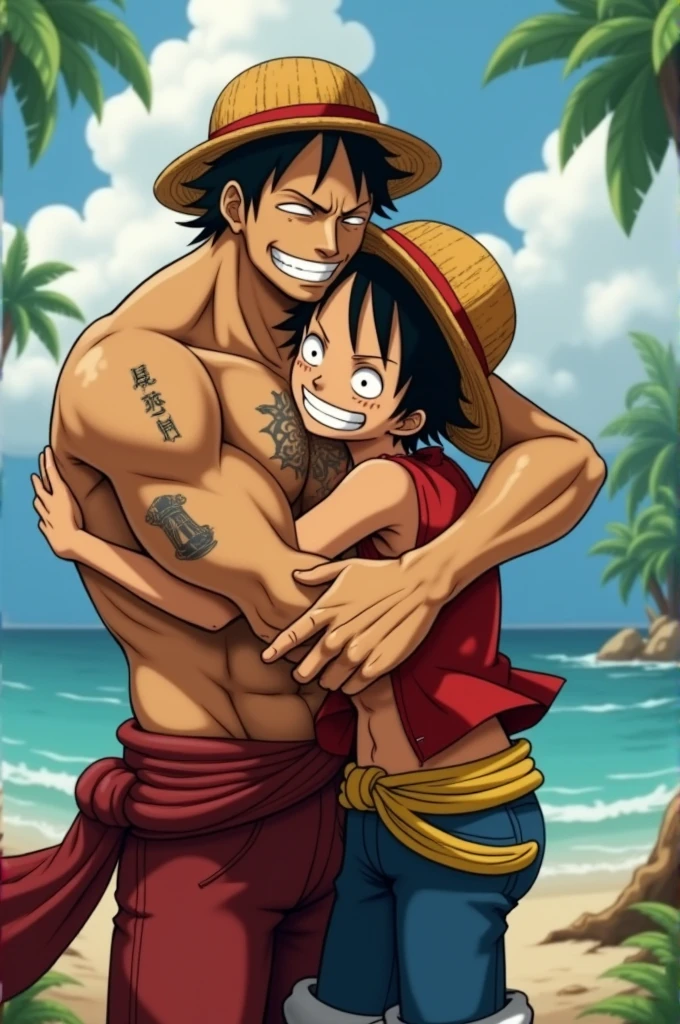 portgas d. Ace hugging Monkey D. Luffy