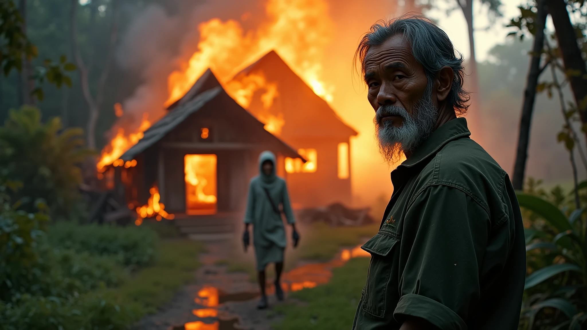 An Indonesian hunter stares at a burning wooden house with the ghost of a woman in the woods during the day. 8k  