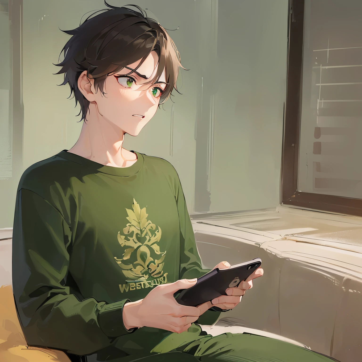 (looking away:1.5),upper body、 (talking on the smartphone:1.5),(handling_smart_phone, smart_phone:1.2)、
shiny skin, masterpiece、Highest quality、
(25-year-old male:1.5) and (Brown short hair) and (Green Eyes), 
（black T-shirts:1.5) 
(angry:1.2),The background is the living room、(alone:1.5)