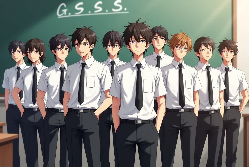 Begraund in school class room , fiftin boys is all boys clothes is white shirt and black pant, and all boys , in begraund white board in text ' G.S.S.S ' 